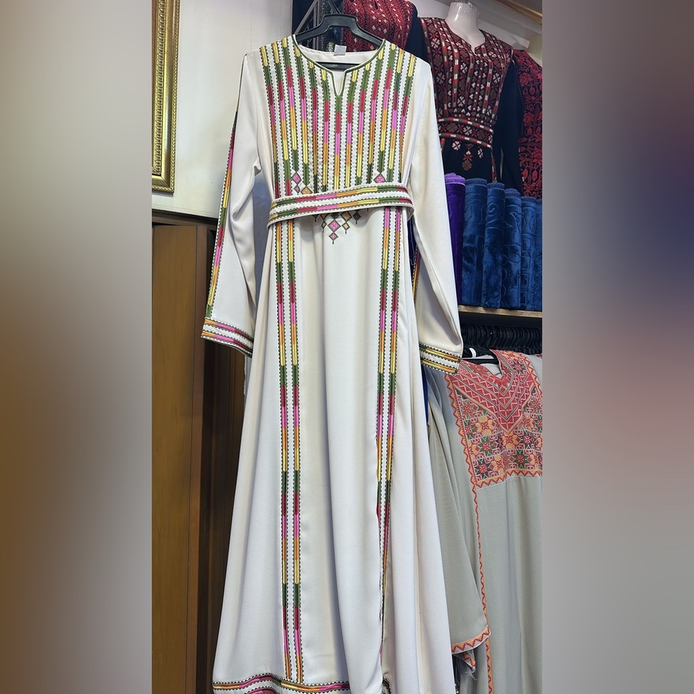 Palestinian Embroidered White Maxi Dress